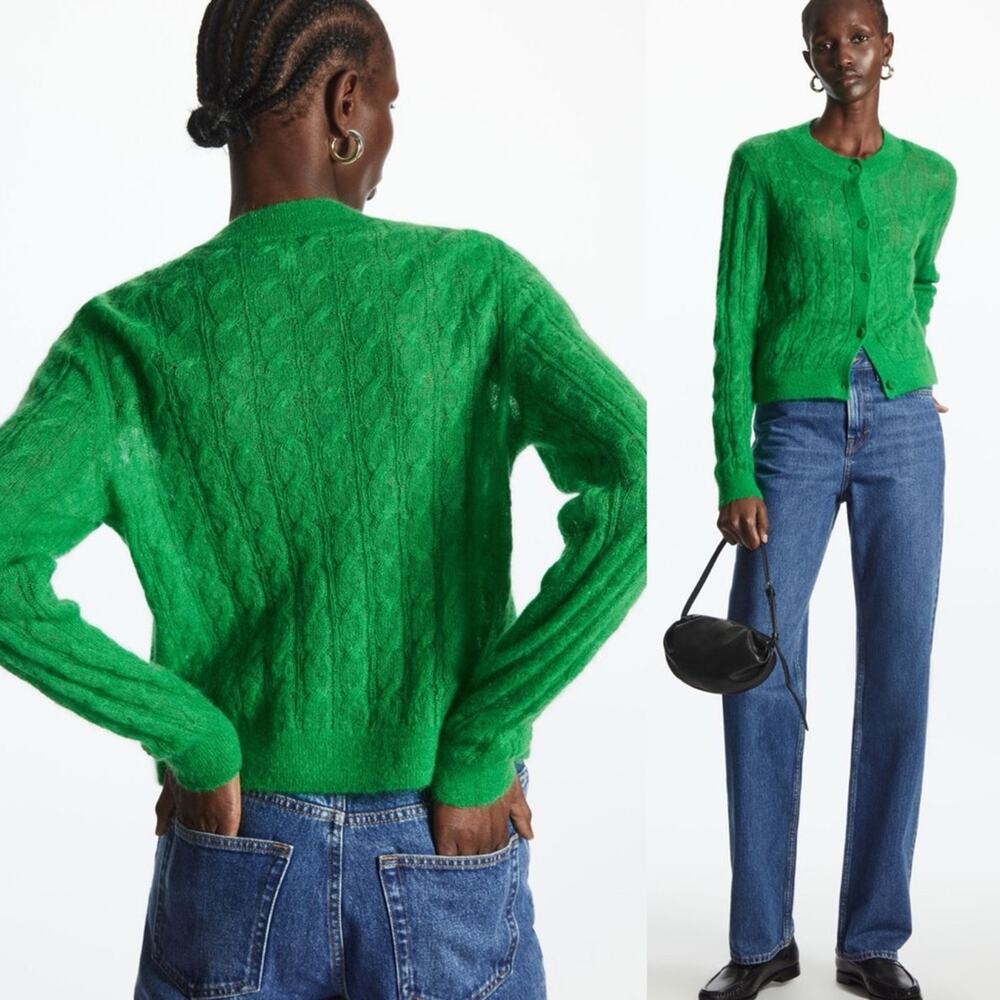 COS Cable-Knit Mohair Button Front Cardigan in Bright Green - Picture 5 of 15